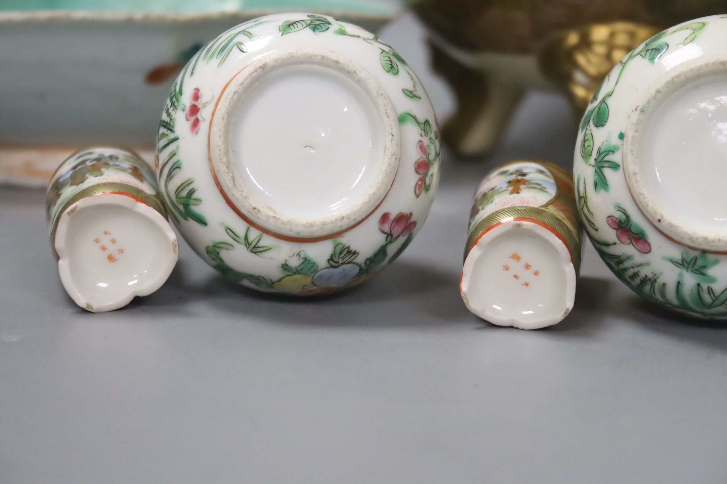 A Chinese famille rose octagonal dish and two small bottle vases and a Japanese Satsuma pottery koro and a similar pair of Kutani miniature vases group of oriental ceramics (6)